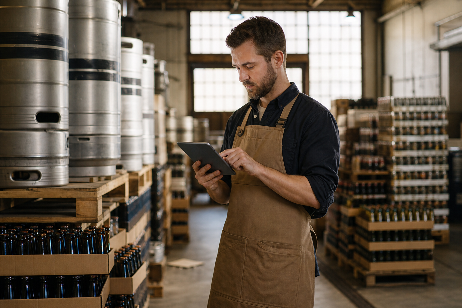 Beverage wholesale warehouse with kegs and cases
