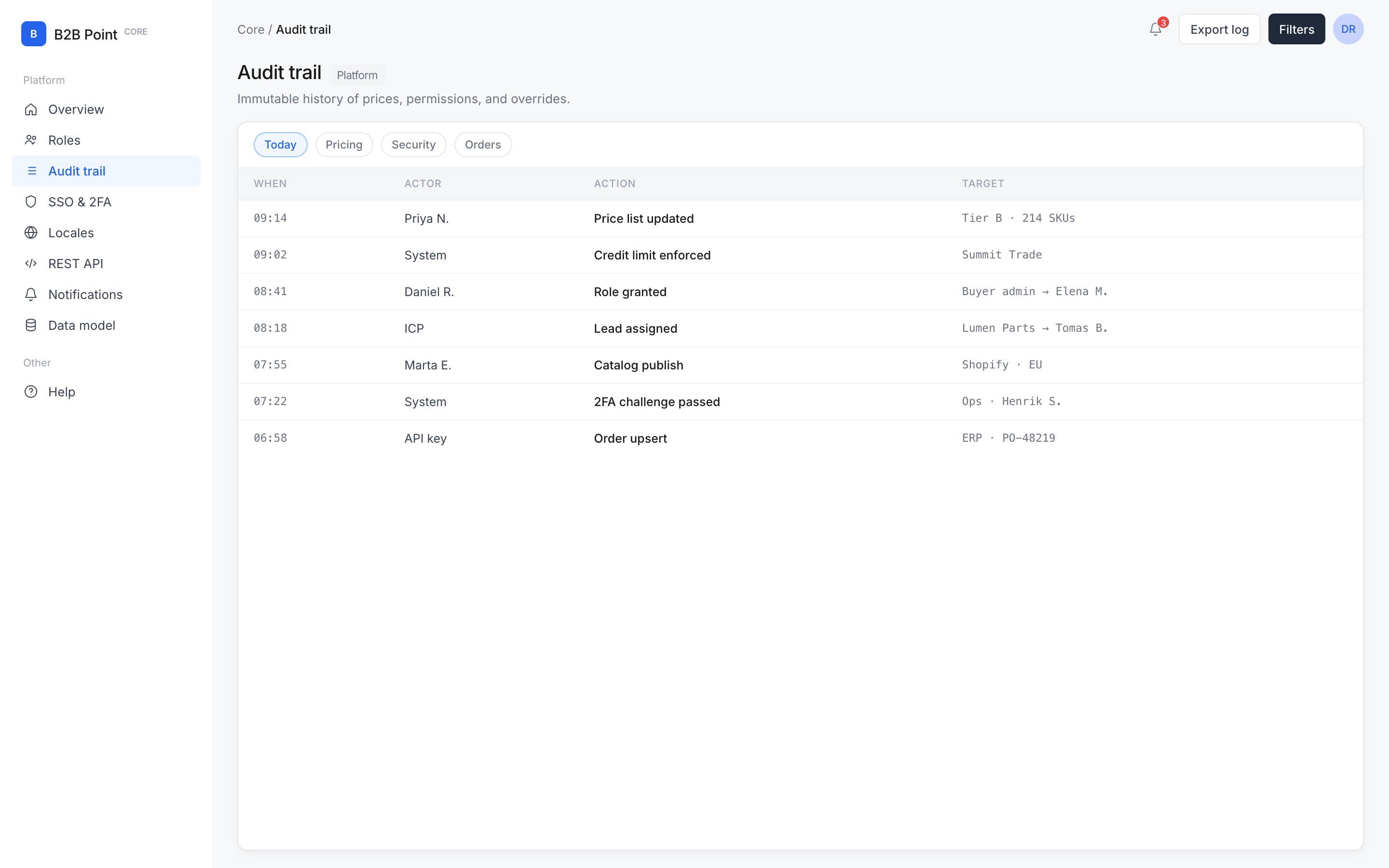 Audit trail in B2B Core