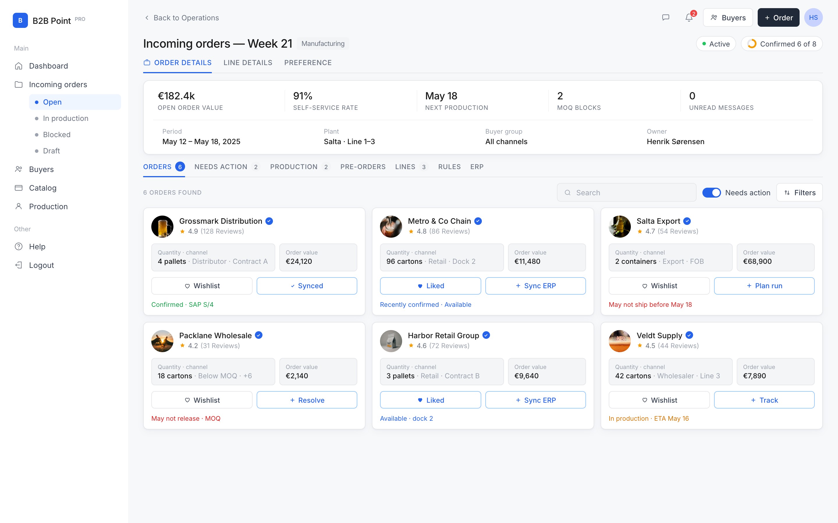 B2B Point Incoming orders for Salta Manufacturing — KPI summary, order cards with product images, MOQ and ERP statuses