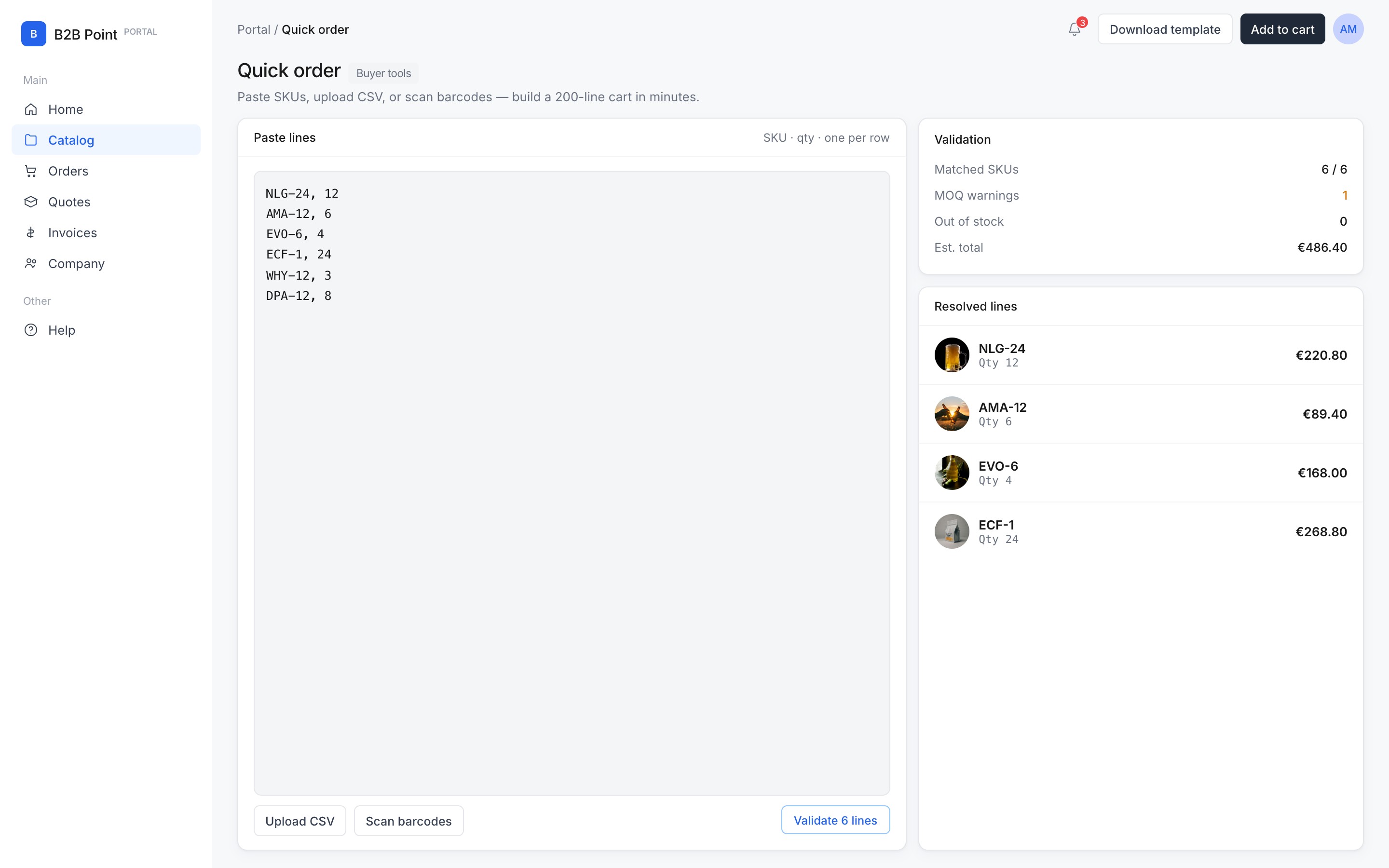 Quick order in B2B Portal