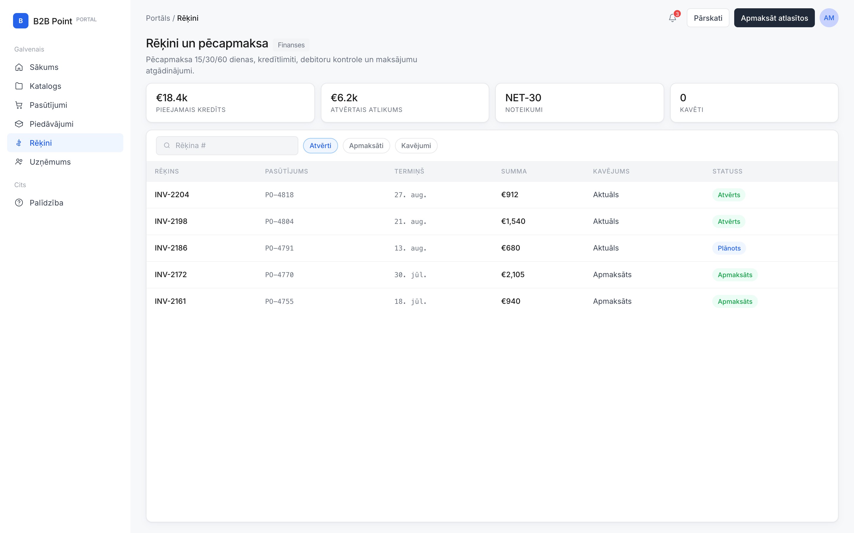 Rēķini un pēcapmaksa in B2B Portal