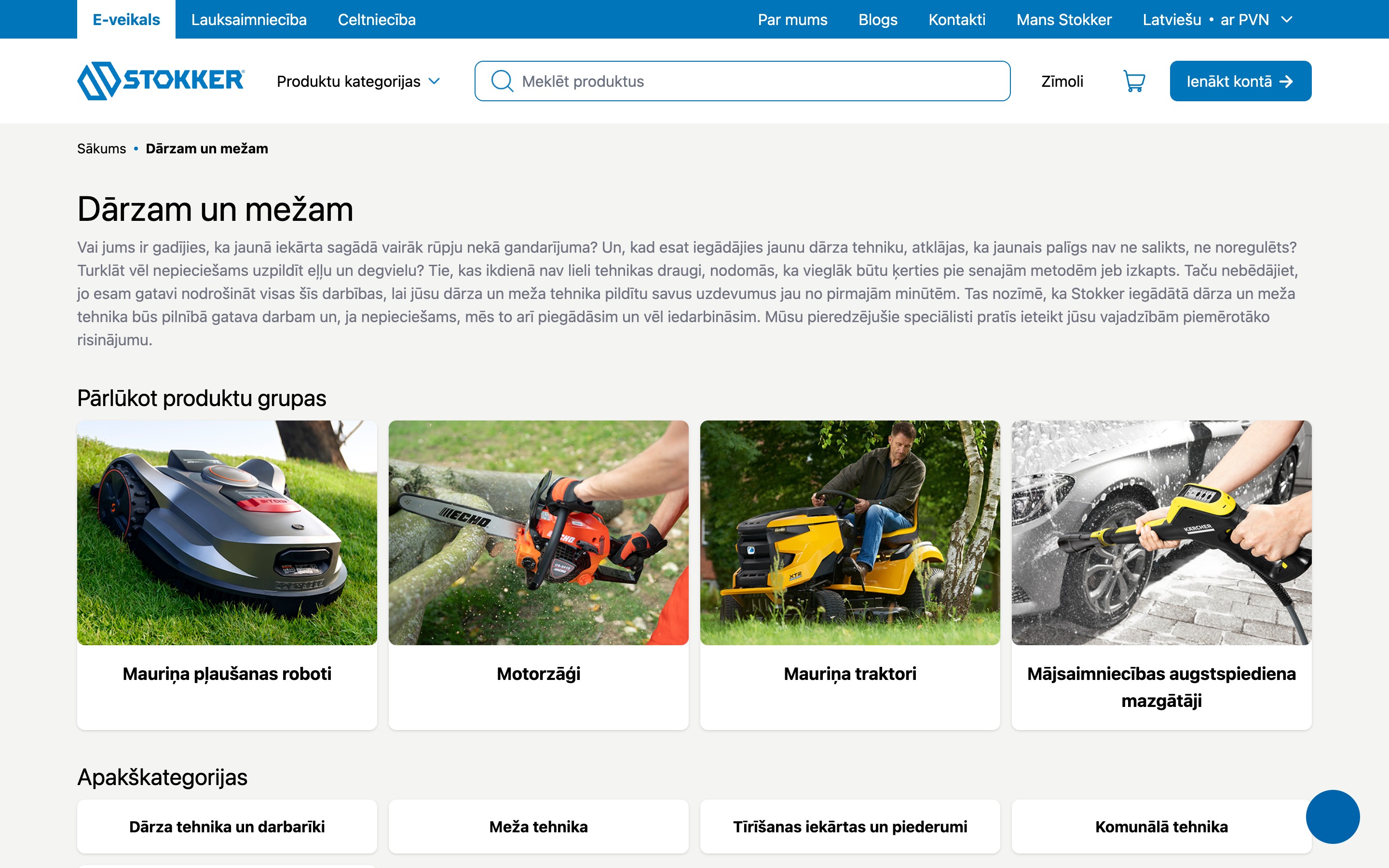 Stokker.lv garden and forest category with product groups and account login