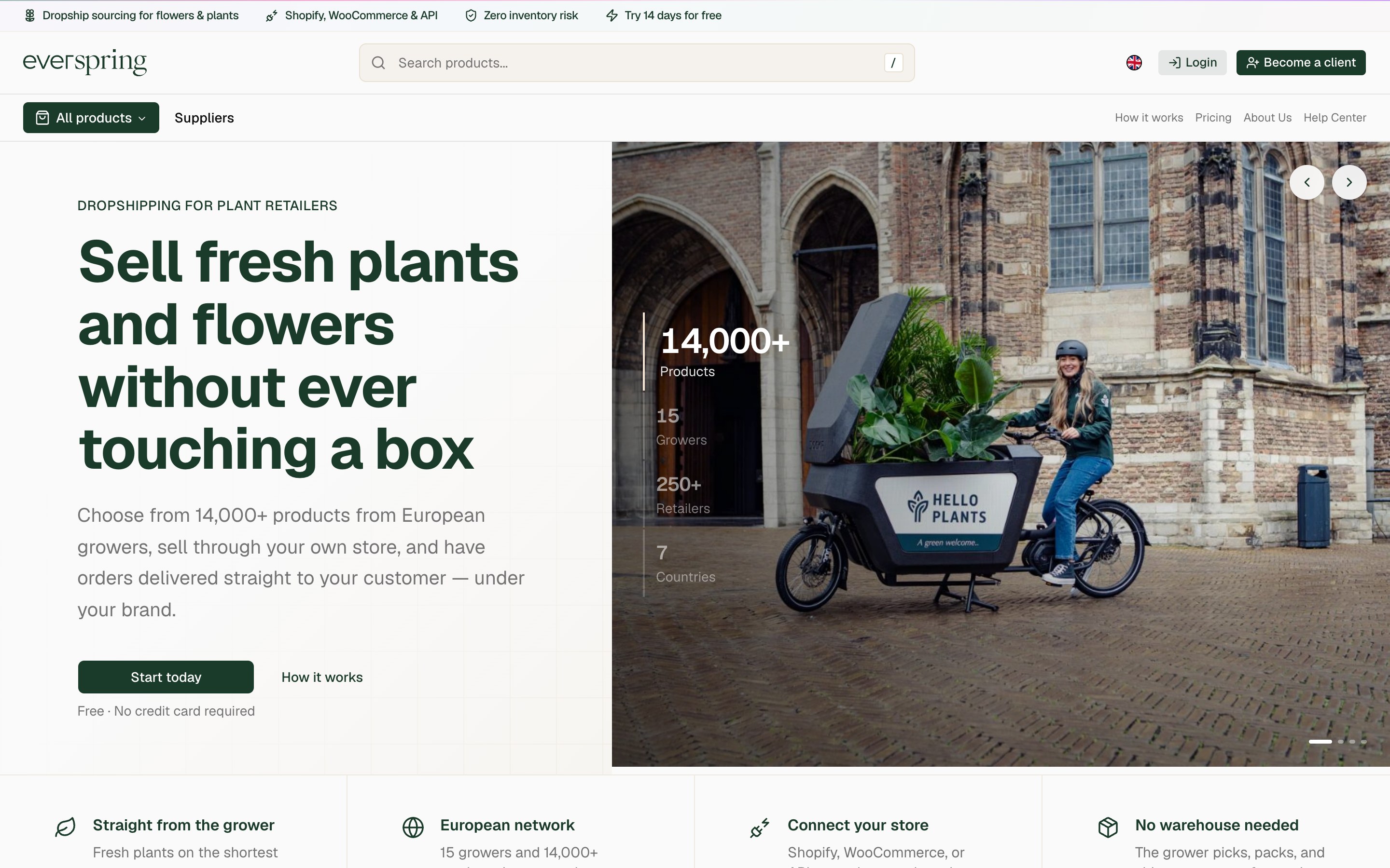 Everspring homepage, plant dropshipping marketplace
